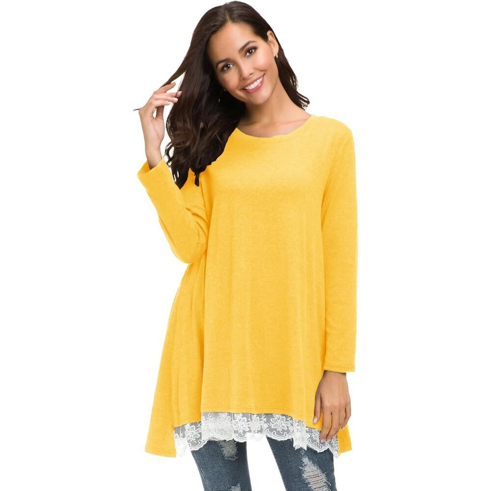 Women Lace Long Sleeve A-line Swing T-Shirt Casual Tunic Top Dress - Picture 5 of 7